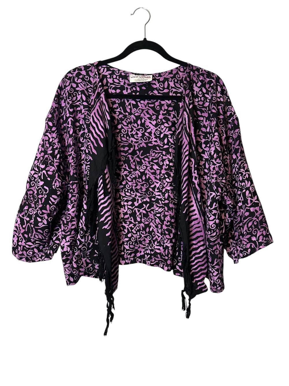 Wild Woman Chico CA Kimono Boho Batik Top Black Purple Fringe Open Front Artsy